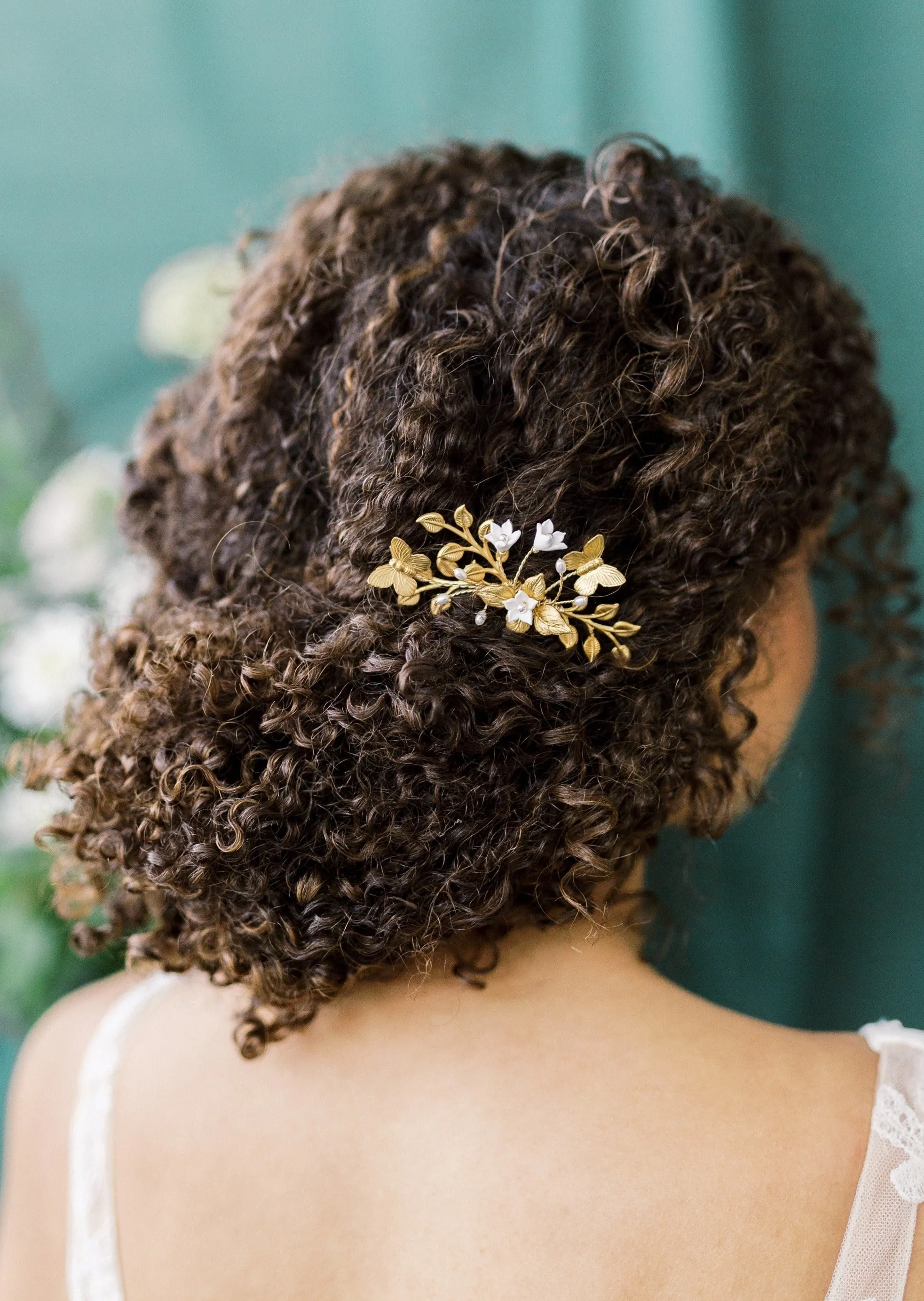 NORAH Golden Brass Leaf Hair Combs with Butterflies