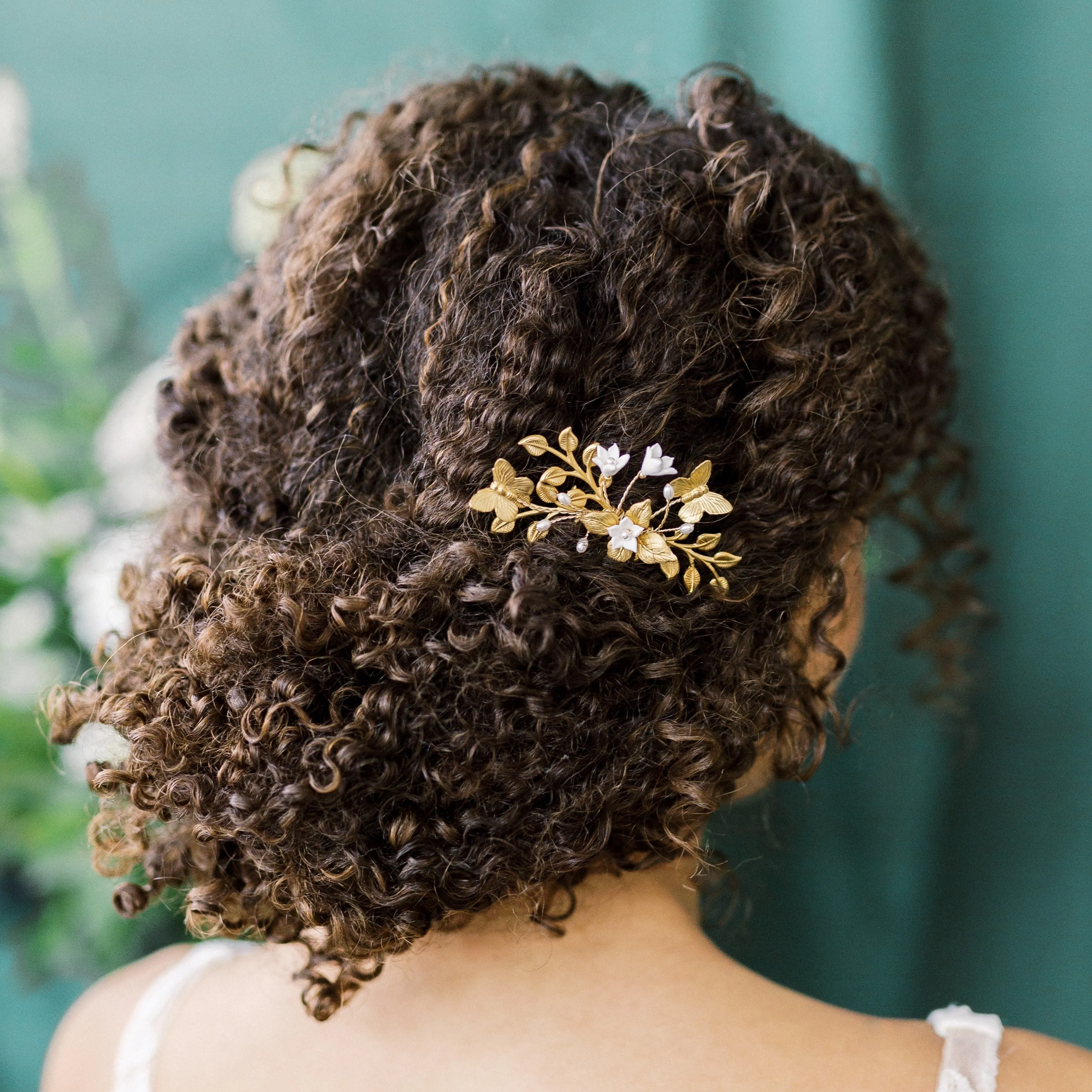 NORAH Golden Brass Leaf Hair Combs with Butterflies