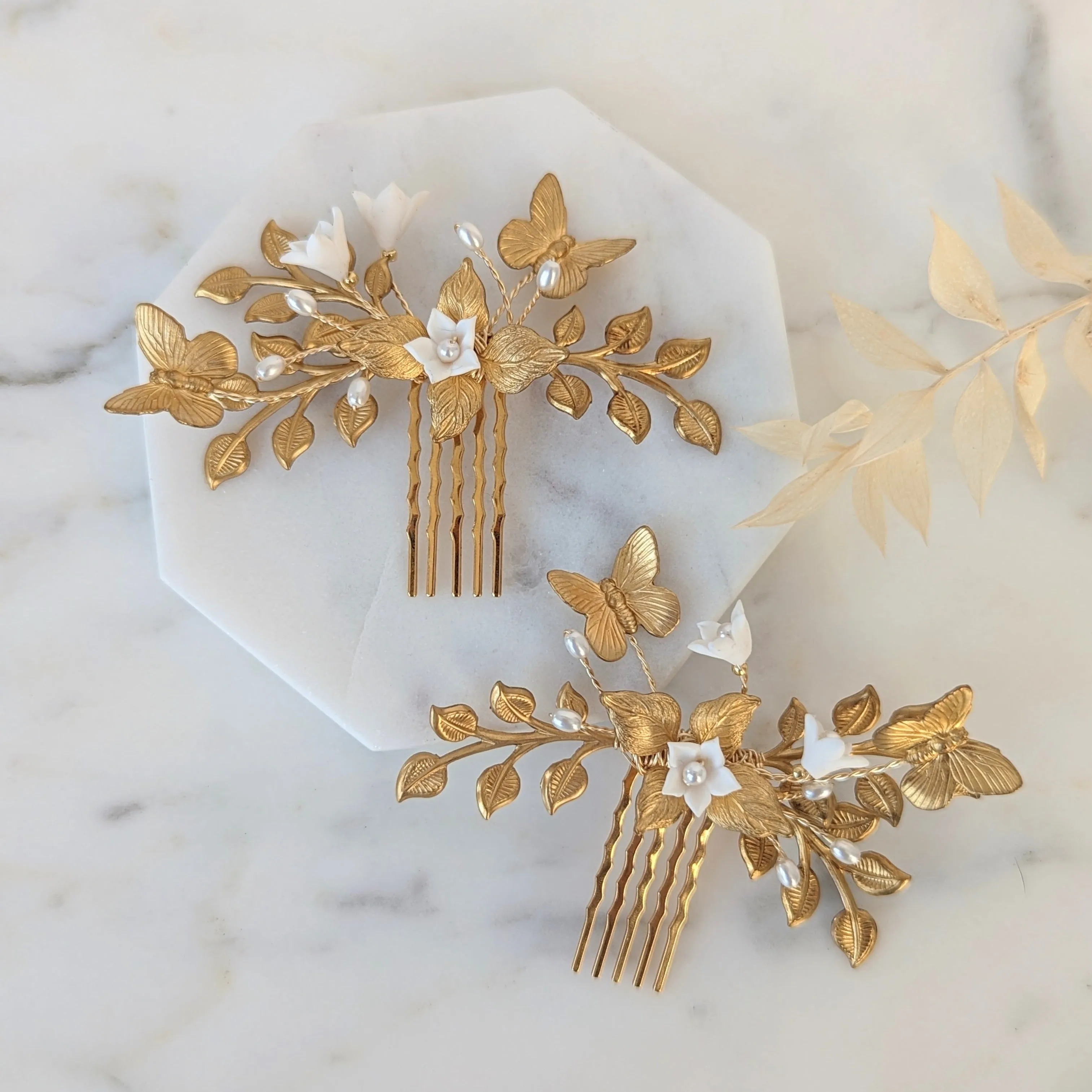 NORAH Golden Brass Leaf Hair Combs with Butterflies
