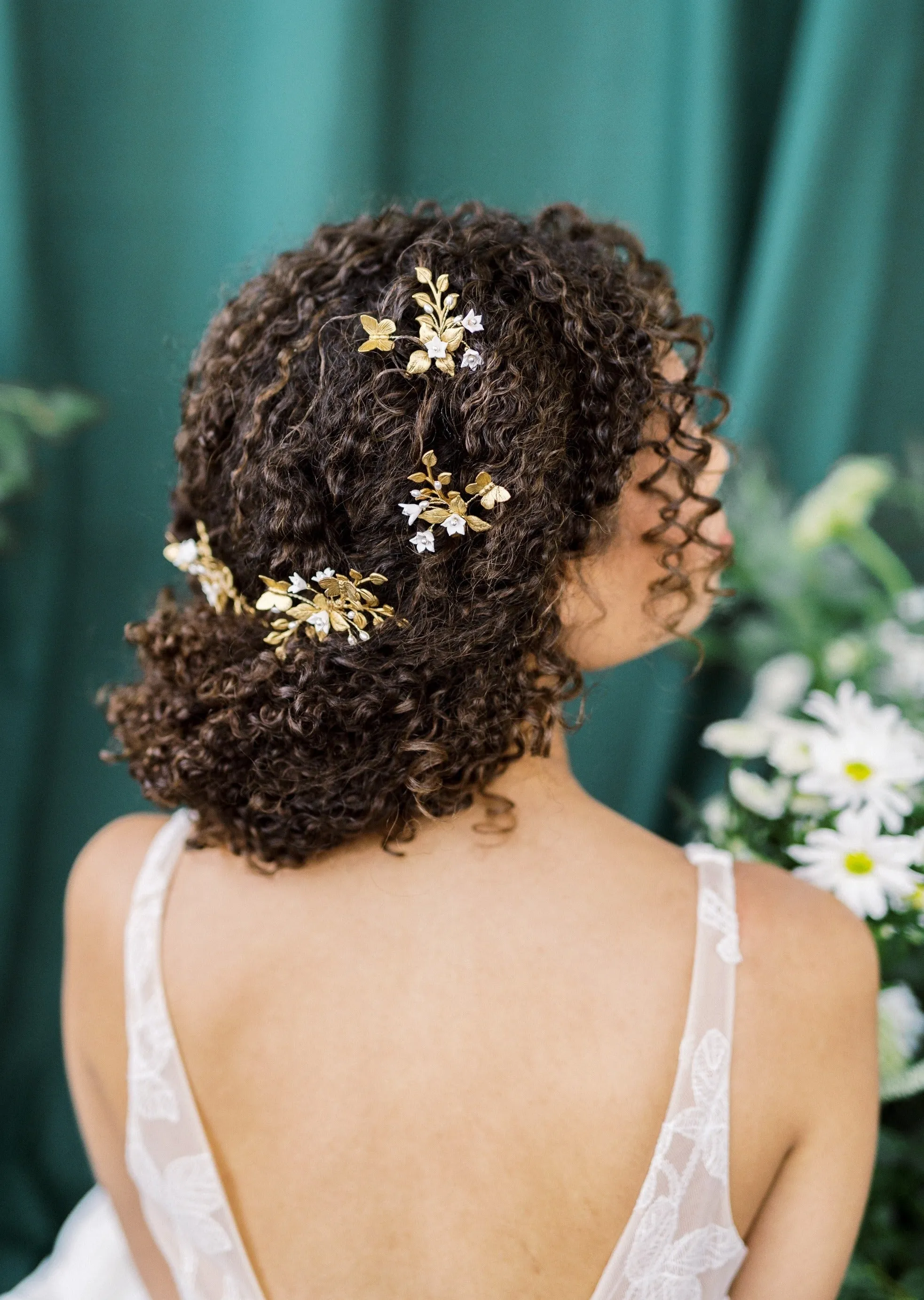NORAH Golden Brass Leaf Hair Combs with Butterflies