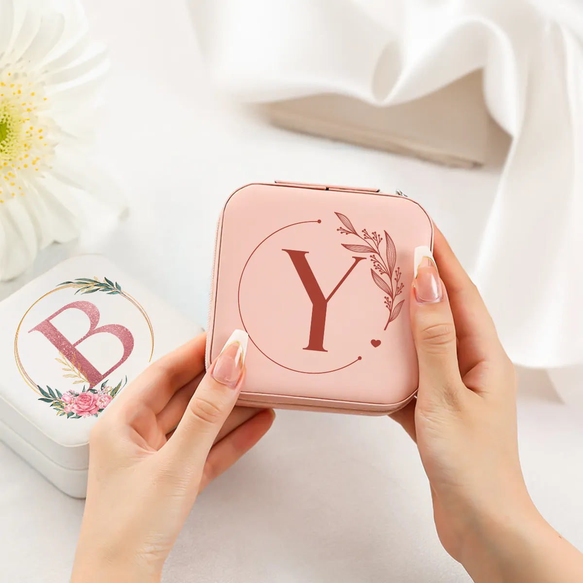 Personalized Jewelry Box, Pink Small Travel Jewelry Box with Initial Y, Monogrammed Jewelry Case Organizer for Girls Women Teen, Mini Travel Essentials Gifts for Christmas Birthday