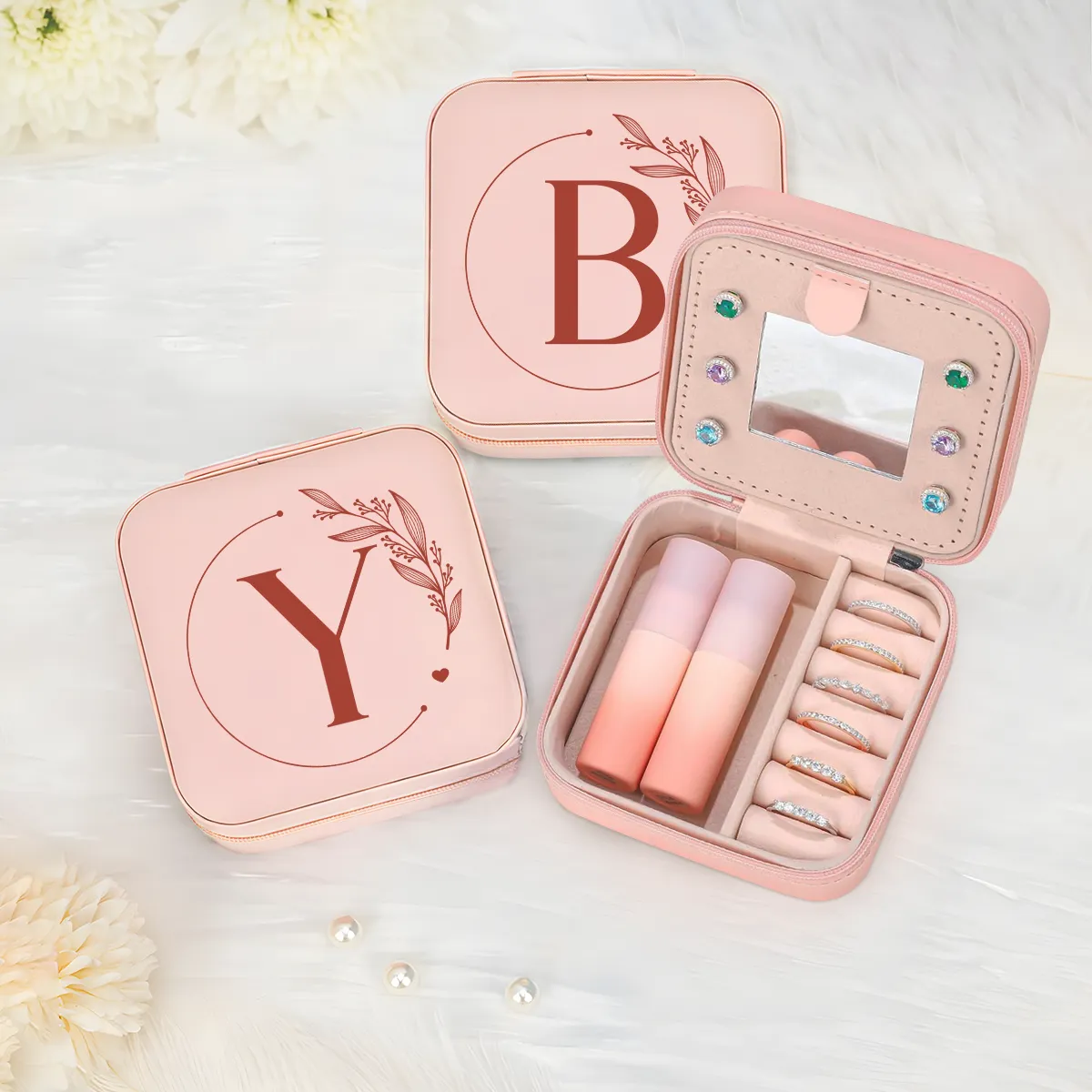 Personalized Jewelry Box, Pink Small Travel Jewelry Box with Initial Y, Monogrammed Jewelry Case Organizer for Girls Women Teen, Mini Travel Essentials Gifts for Christmas Birthday