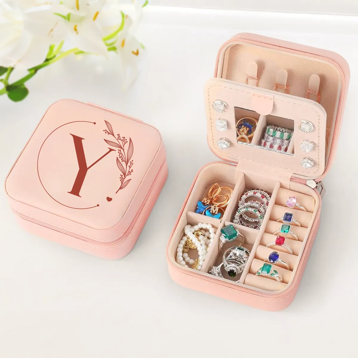 Personalized Jewelry Box, Pink Small Travel Jewelry Box with Initial Y, Monogrammed Jewelry Case Organizer for Girls Women Teen, Mini Travel Essentials Gifts for Christmas Birthday