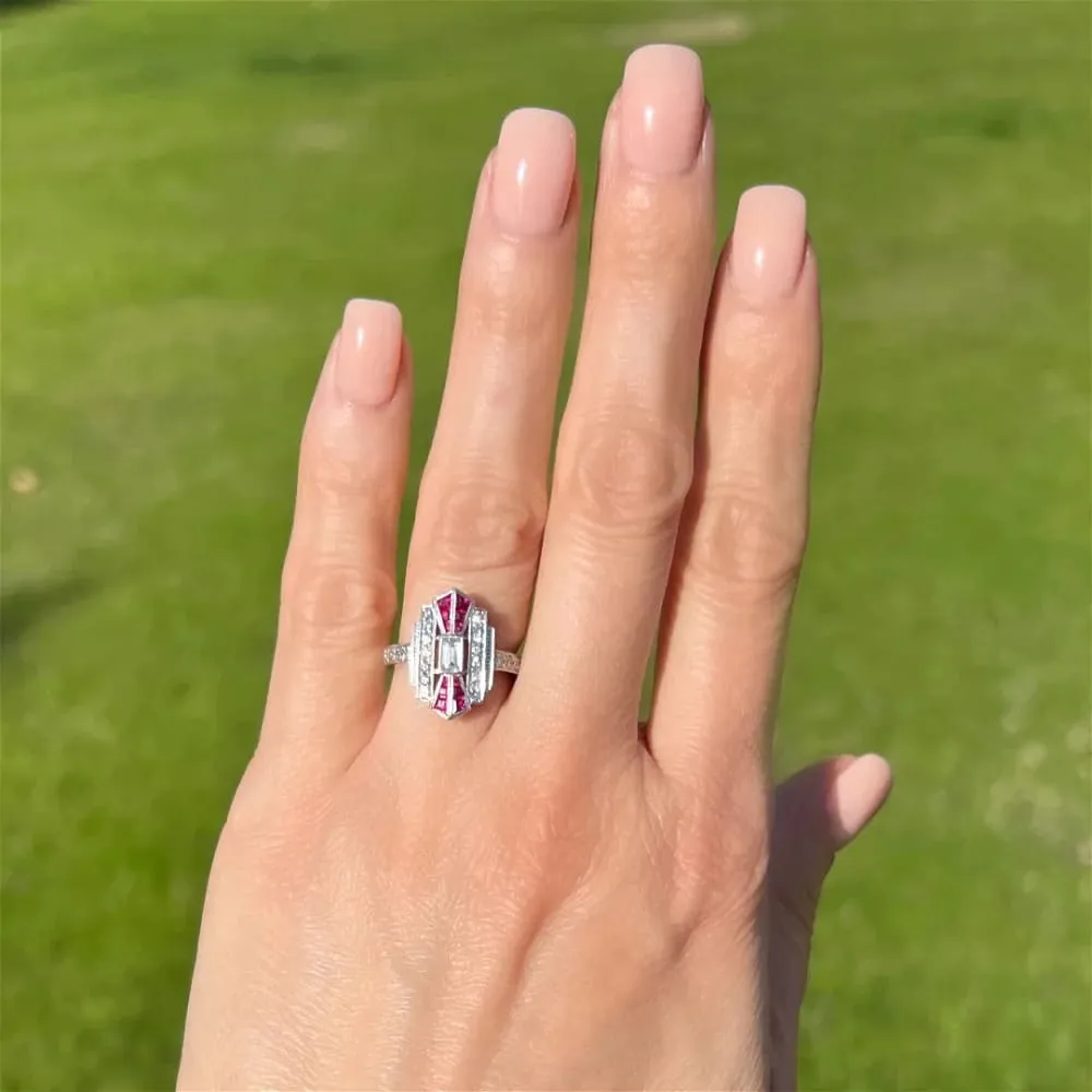 Platinum Art Deco Style Emerald Cut Diamond, Ruby & Diamond Navette Ring at Regard Jewelry in Austin, Texas