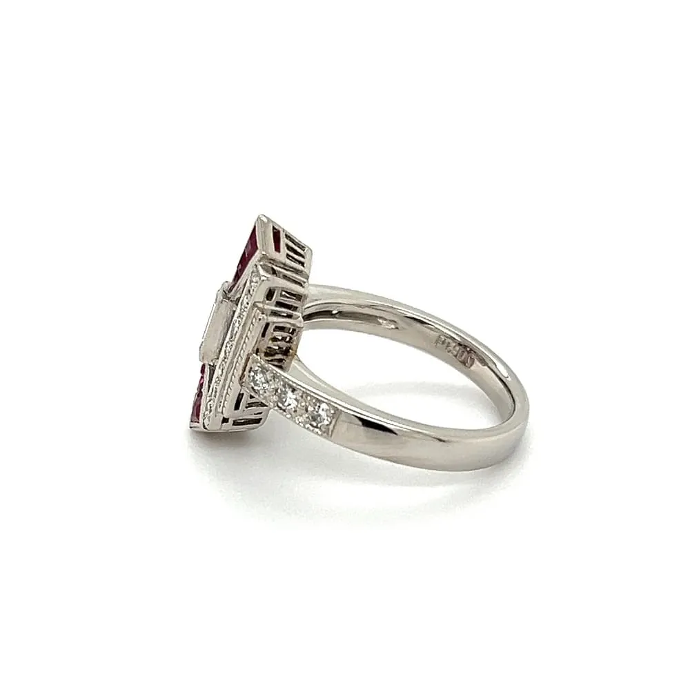 Platinum Art Deco Style Emerald Cut Diamond, Ruby & Diamond Navette Ring at Regard Jewelry in Austin, Texas