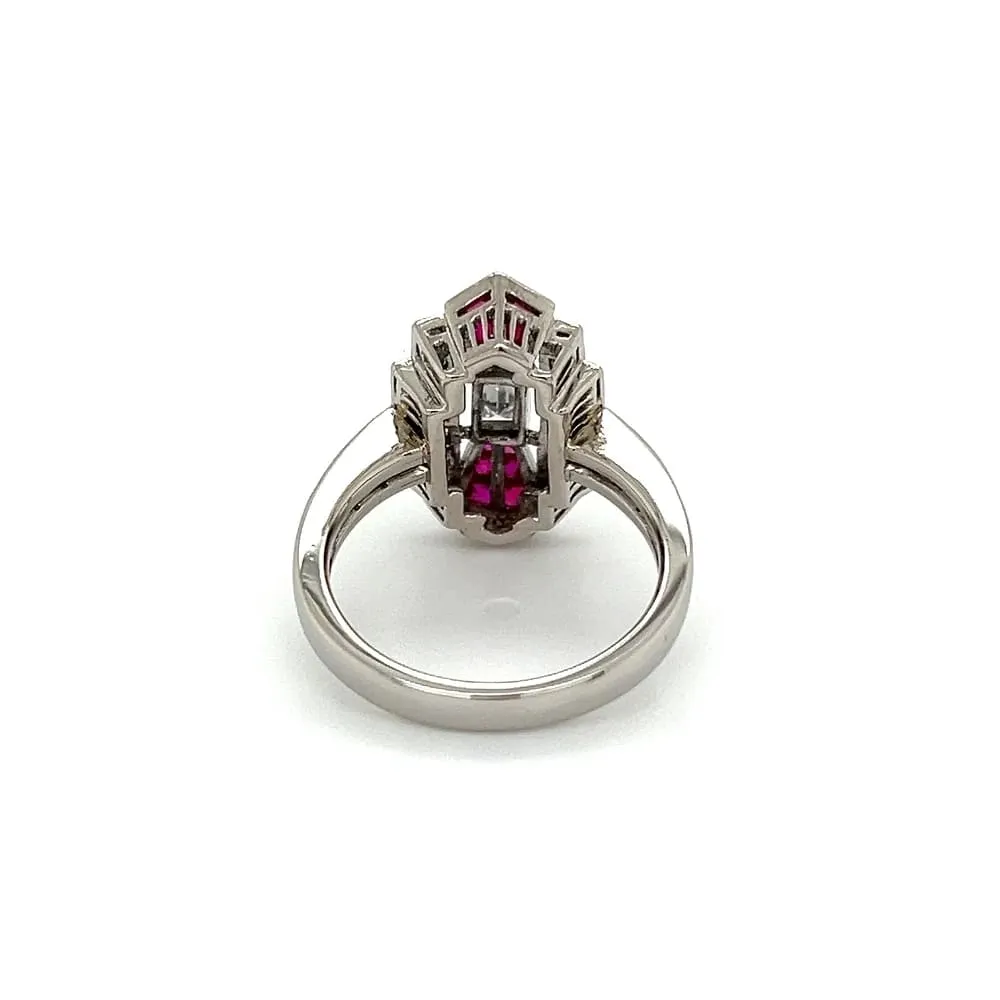 Platinum Art Deco Style Emerald Cut Diamond, Ruby & Diamond Navette Ring at Regard Jewelry in Austin, Texas