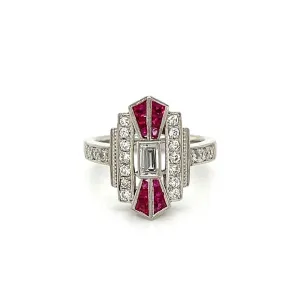 Platinum Art Deco Style Emerald Cut Diamond, Ruby & Diamond Navette Ring at Regard Jewelry in Austin, Texas