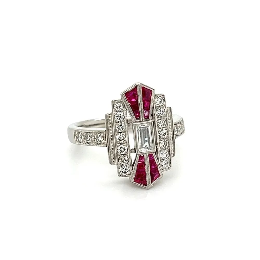 Platinum Art Deco Style Emerald Cut Diamond, Ruby & Diamond Navette Ring at Regard Jewelry in Austin, Texas