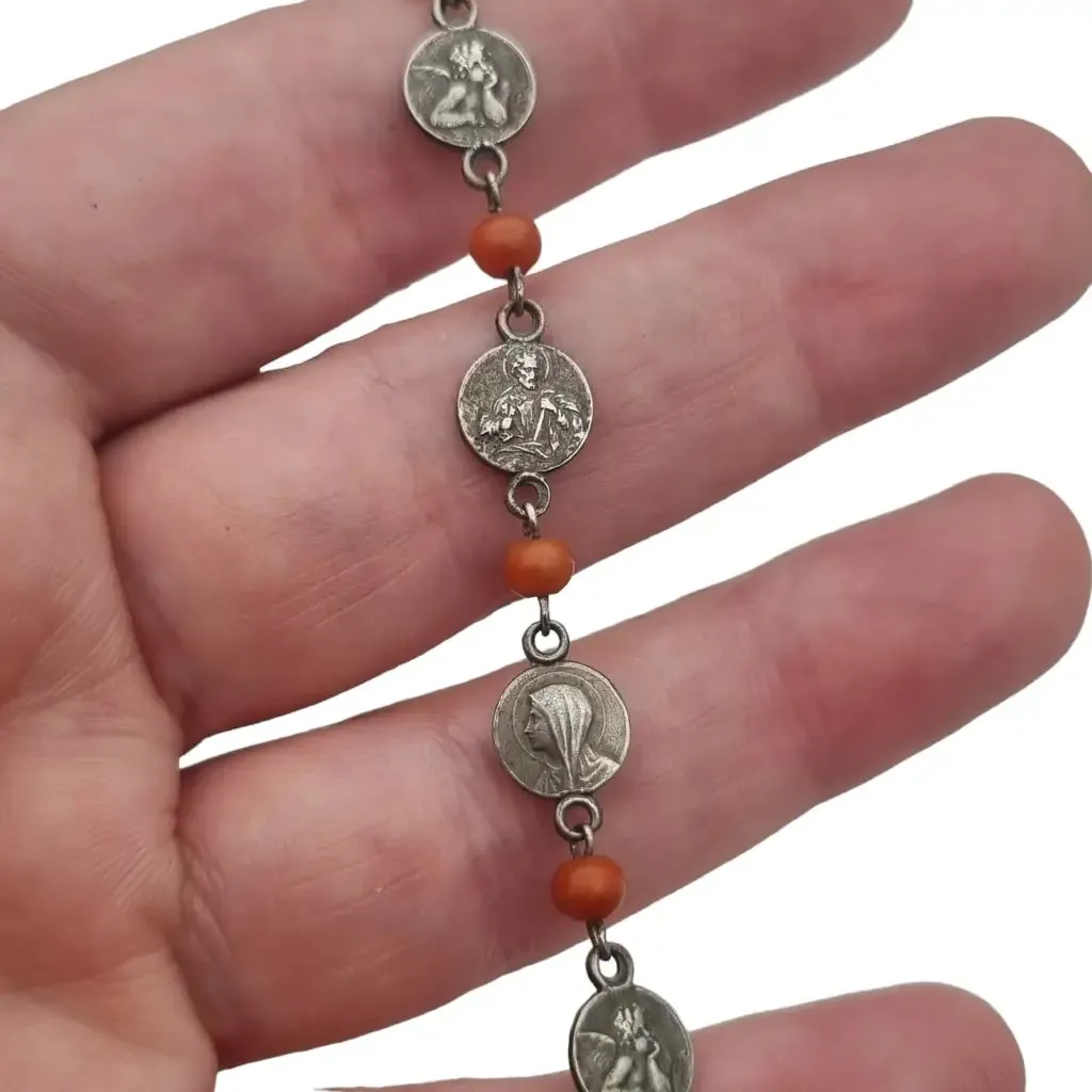 Religious bracelets for women, red coral ball bracelet, 925 silver.