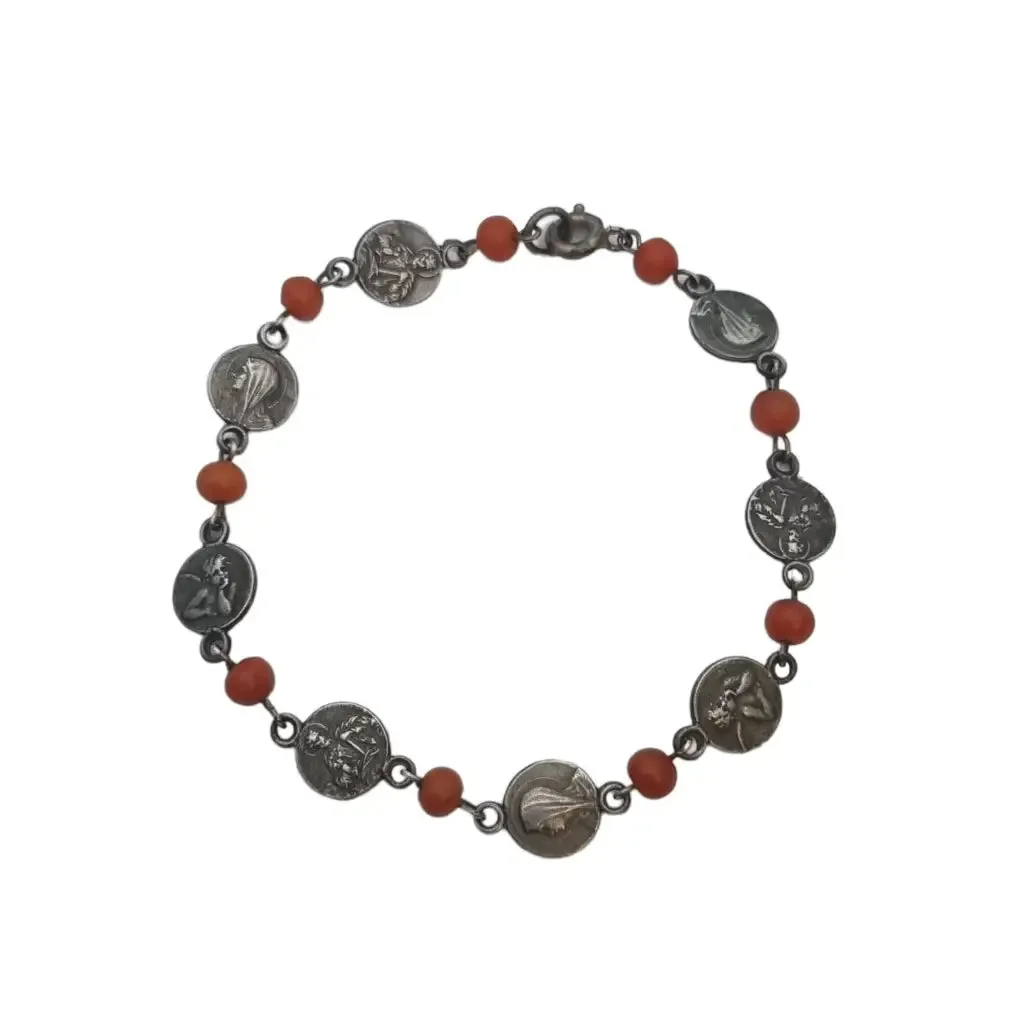 Religious bracelets for women, red coral ball bracelet, 925 silver.