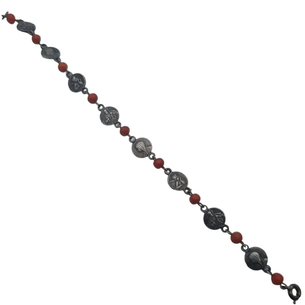 Religious bracelets for women, red coral ball bracelet, 925 silver.