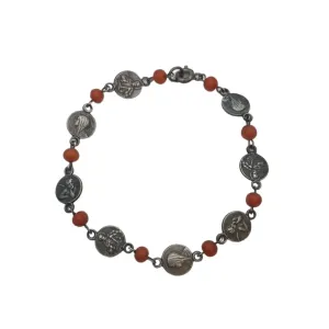 Religious bracelets for women, red coral ball bracelet, 925 silver.