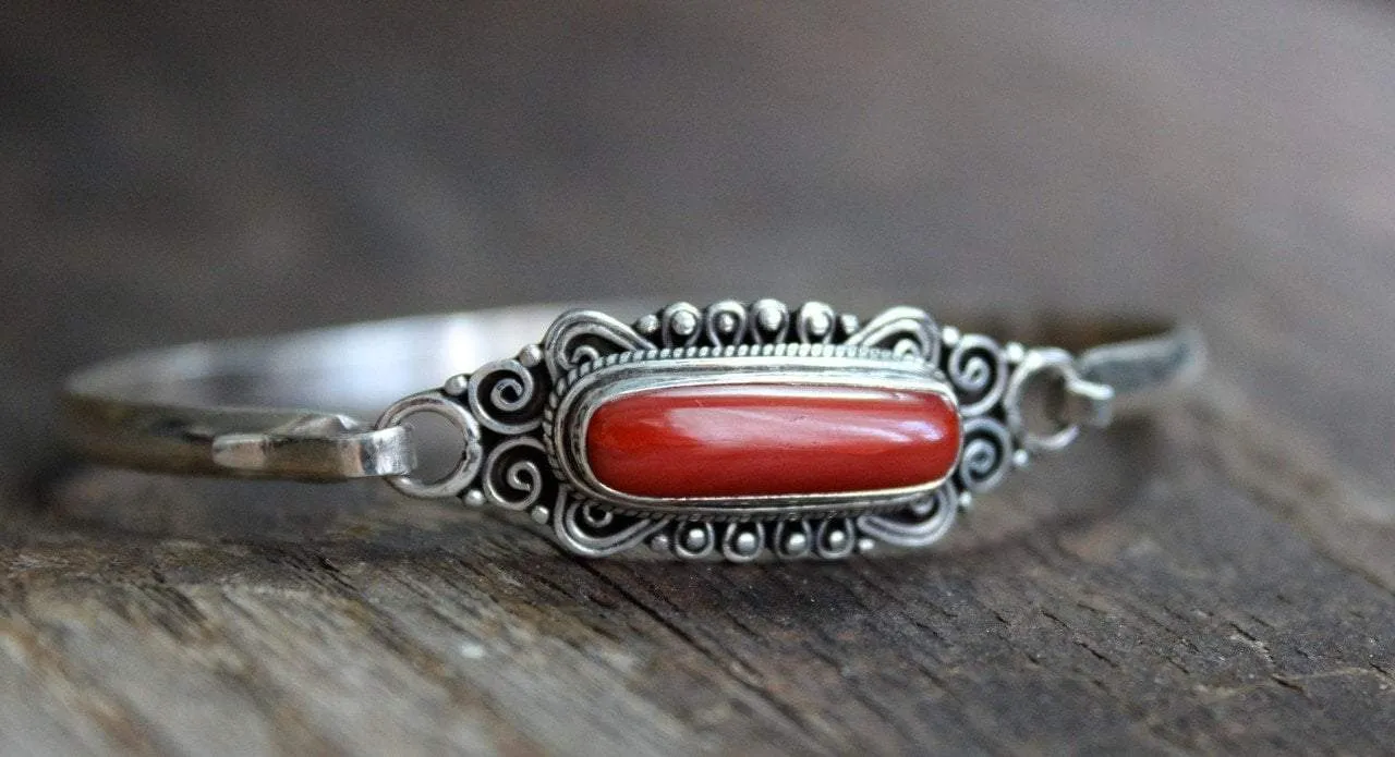 Sterling Silver and Coral Hook Bracelet