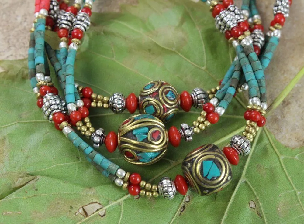 Tibetan Beaded Coral and Turquoise Bracelet