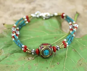 Tibetan Beaded Coral and Turquoise Bracelet