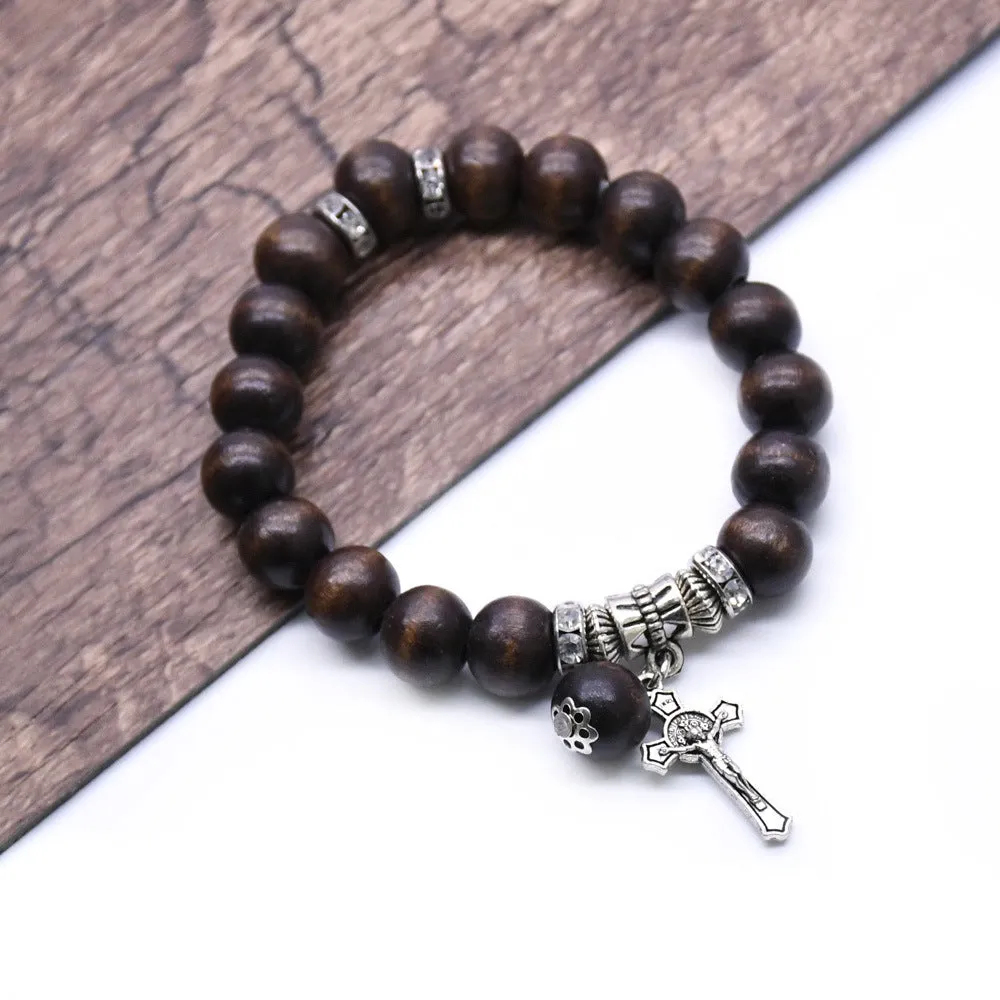 Wooden Beaded with Cross Pendant Bracelet