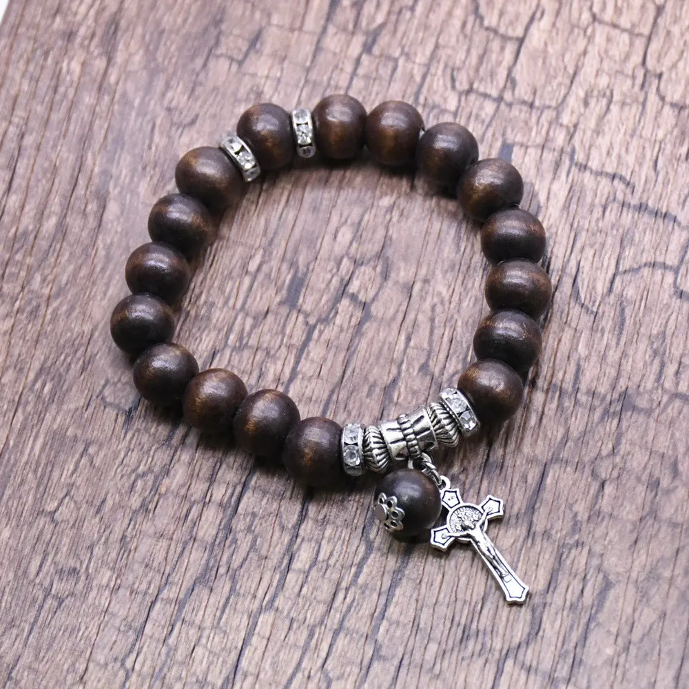 Wooden Beaded with Cross Pendant Bracelet
