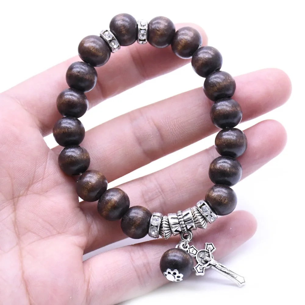 Wooden Beaded with Cross Pendant Bracelet
