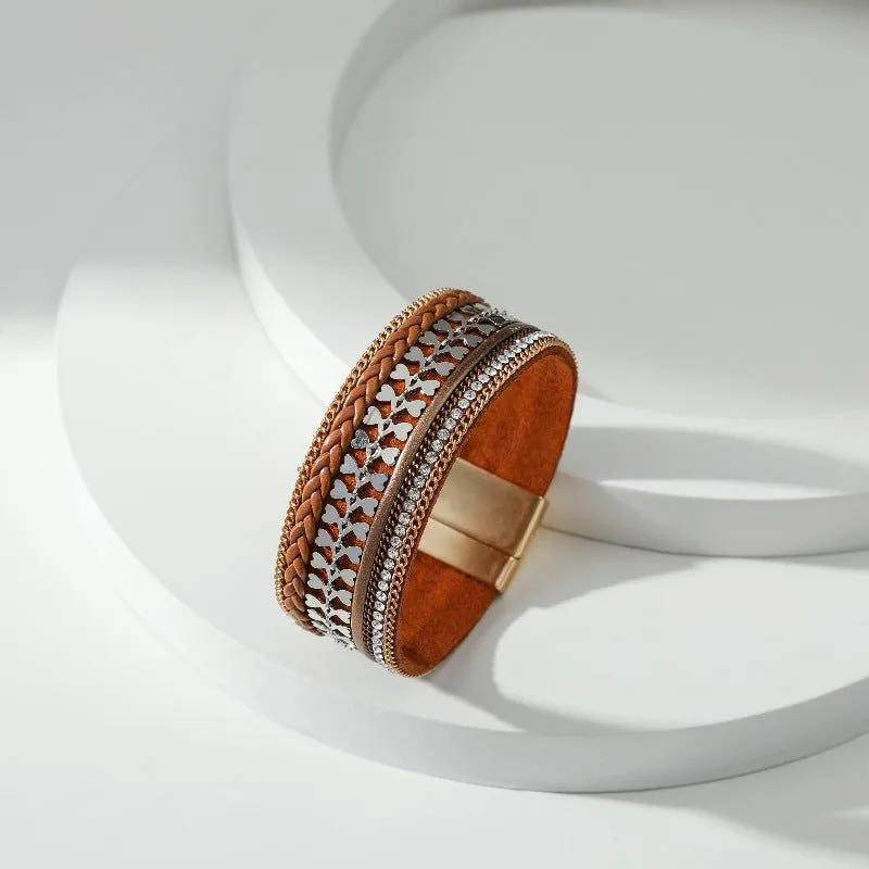 Woven Leather Diamond Strip Ethnic Bracelet Unisex Magnetic Buckle Bracelet