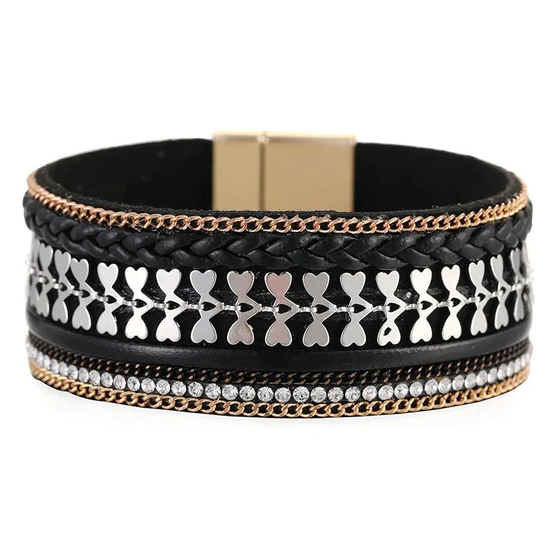 Woven Leather Diamond Strip Ethnic Bracelet Unisex Magnetic Buckle Bracelet