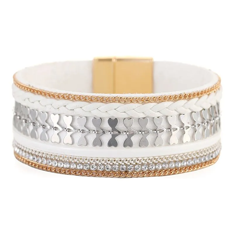 Woven Leather Diamond Strip Ethnic Bracelet Unisex Magnetic Buckle Bracelet