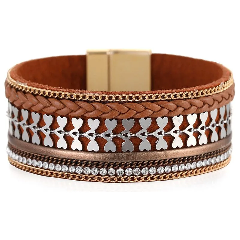 Woven Leather Diamond Strip Ethnic Bracelet Unisex Magnetic Buckle Bracelet